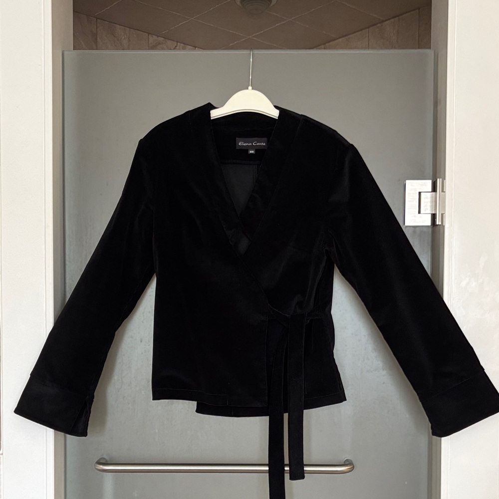 Black fine corduroy wrap jacket with matching pants and skirt